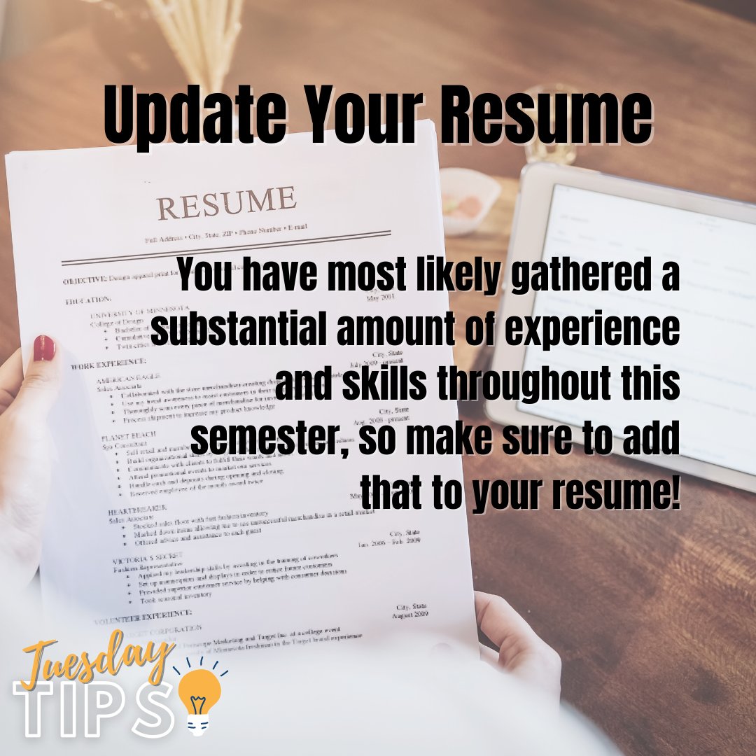 wtcareer's tweet photo. It's finals week Buffs! 🙆‍♀️ While you are finishing up your semester don't forget to update your resume. This includes any acquired work or volunteer experience, new skills, and on-campus organization experience.  ✔️ https://t.co/gfZhFpm0vD