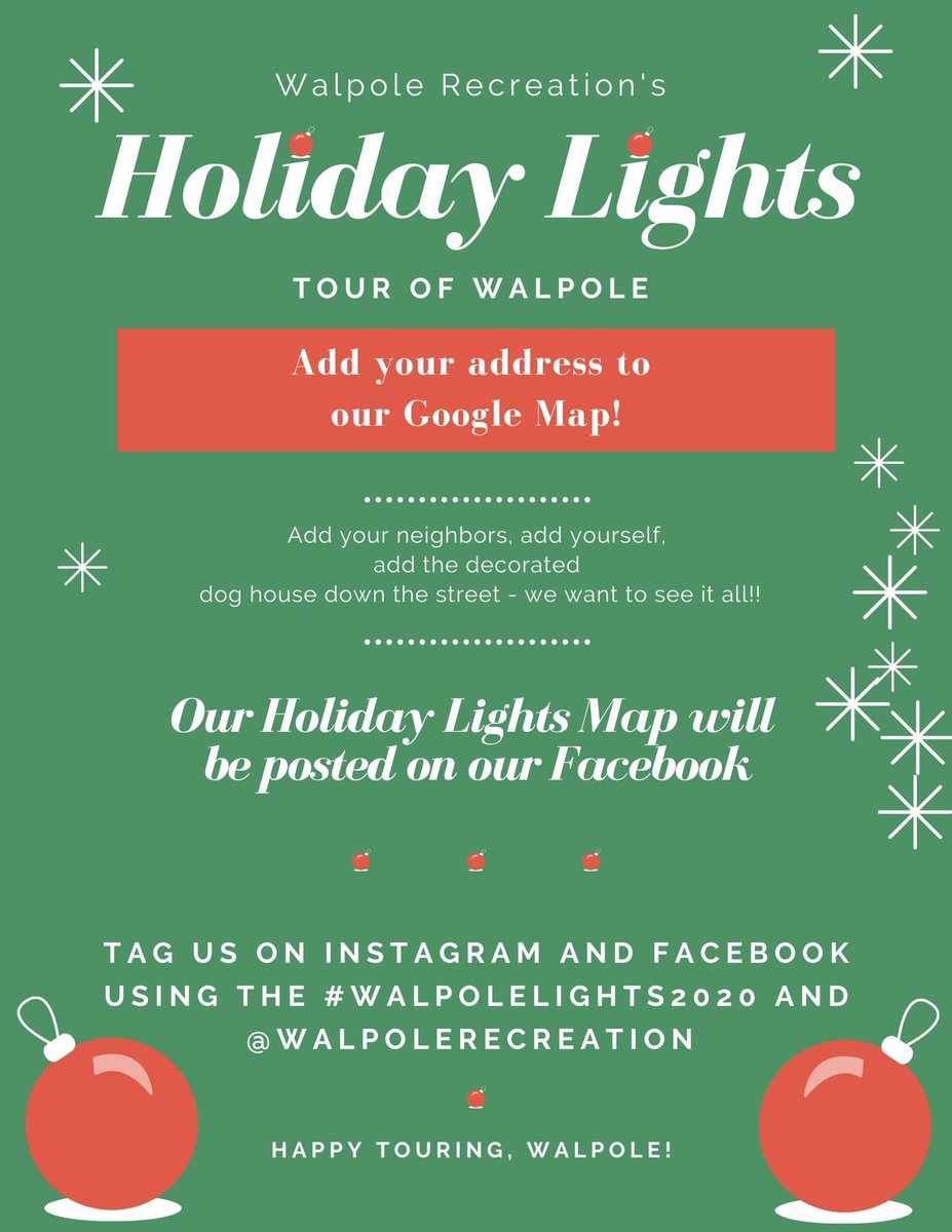 walpolerec's tweet photo. (1 of 2) Add your address to our Walpole “Holiday Lights Map” by submitting your information on our Google Form, listed in the replies. https://t.co/tH8IjauduA