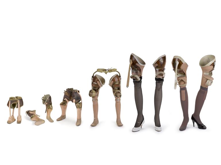 The  @sciencemuseum's new Medicine Galleries feature a range of objects linked to disability, such as these prosthetic legs created for Tracey Baynam, showing her development from a child to woman, complete with high heels.  https://collection.sciencemuseumgroup.org.uk/objects/co8594793/pair-of-prosthetic-limbs-for-thalidomide-affected-9-year-old-child-prostheses  #MuseumsUnlocked 3/6