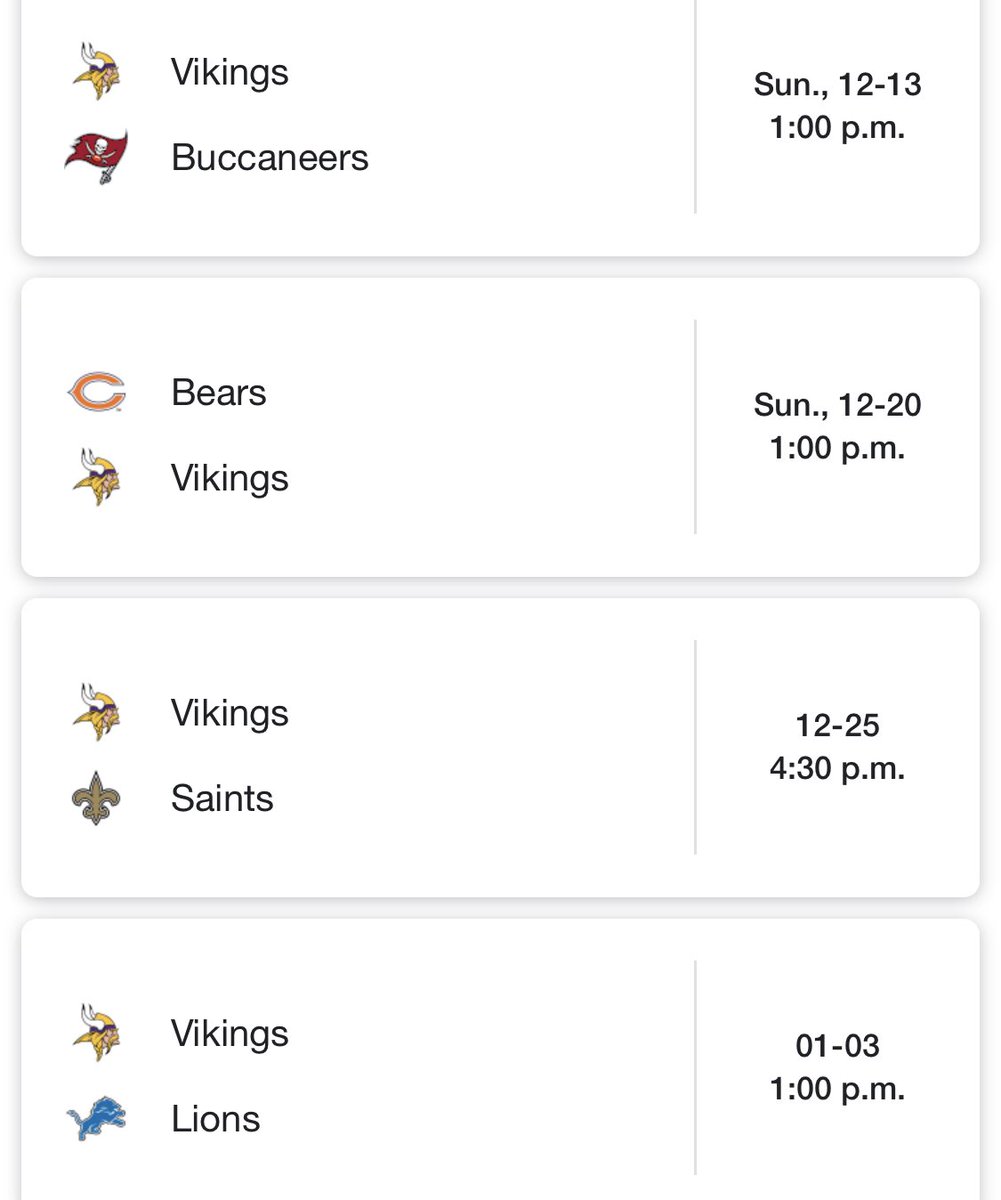 Vikings schedule is interesting. Big game against the Bucs (somebody has to lose!), and then two divisional games sandwiched around a tough matchup against the Saints. After they struggled with the Jags this past weekend, it’s not hard to see the Vikes falter down the stretch.