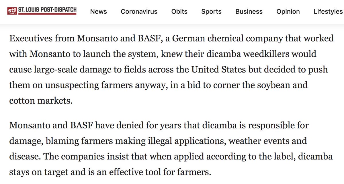 Two days before Vilsack was reported as Biden's pick for Agriculture Secretary,  @stltoday published a major investigative report on dicamba weedkillers and how Monsanto knew they would cause "large-scale damage to fields" in America.  https://www.stltoday.com/news/local/state-and-regional/buy-it-or-else-inside-monsanto-and-basf-s-moves-to-force-dicamba-on-farmers/article_002f5e83-004d-52de-a686-eef5cb108192.html?utm_medium=email&mc_cid=e026837c09&mc_eid=1ef5fc394d