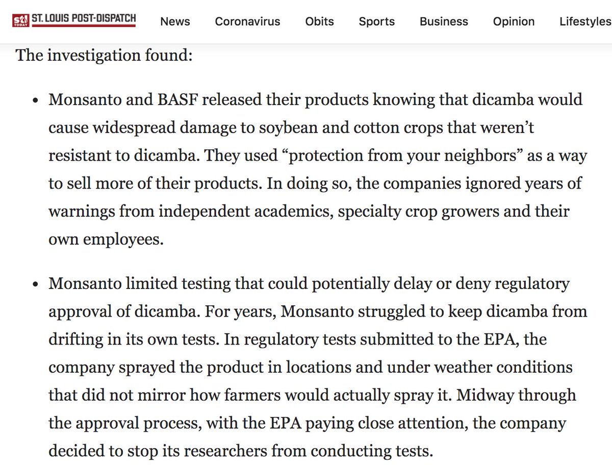 Two days before Vilsack was reported as Biden's pick for Agriculture Secretary,  @stltoday published a major investigative report on dicamba weedkillers and how Monsanto knew they would cause "large-scale damage to fields" in America.  https://www.stltoday.com/news/local/state-and-regional/buy-it-or-else-inside-monsanto-and-basf-s-moves-to-force-dicamba-on-farmers/article_002f5e83-004d-52de-a686-eef5cb108192.html?utm_medium=email&mc_cid=e026837c09&mc_eid=1ef5fc394d