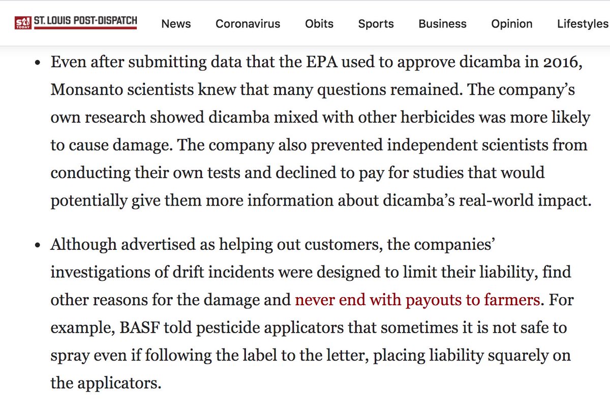 Two days before Vilsack was reported as Biden's pick for Agriculture Secretary,  @stltoday published a major investigative report on dicamba weedkillers and how Monsanto knew they would cause "large-scale damage to fields" in America.  https://www.stltoday.com/news/local/state-and-regional/buy-it-or-else-inside-monsanto-and-basf-s-moves-to-force-dicamba-on-farmers/article_002f5e83-004d-52de-a686-eef5cb108192.html?utm_medium=email&mc_cid=e026837c09&mc_eid=1ef5fc394d