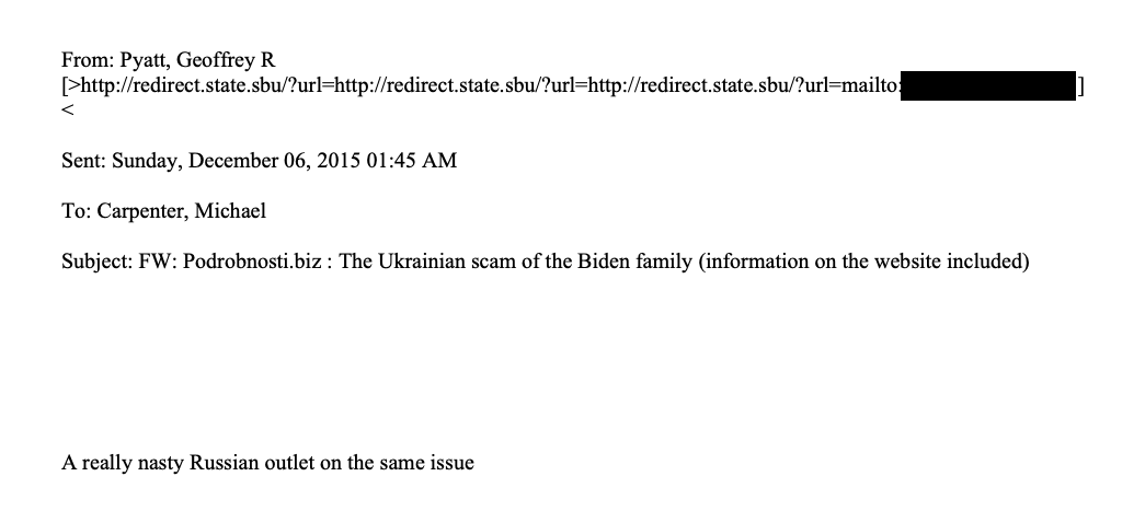 Someone forwarded a news article on how the Biden family were scamming the Ukraine to Ambassador Pyatt. His reaction? Blame the Russian news outlet. PS how is it possible that Pyatt is still a **current** United States Ambassador?