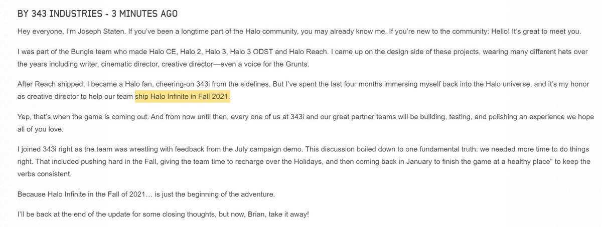 Halo Infinite is targeted for Fall 2021 bit.ly/2VQZ3gO