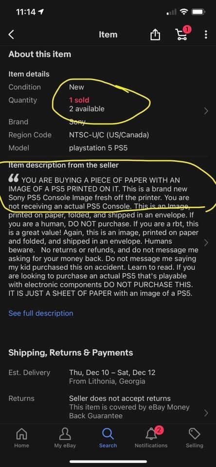 MarcosBL's tweet image. Publica un anuncio vendiendo LA FOTO de una PS5, especificando claro que no era una consola, sino un folio impreso. Por supuesto los bots de compra de los reventa, que no saben leer, ya han empezado a caer 😈