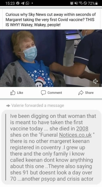 ChrisTCJansen's tweet photo. De eerste vrouw in de UK die gevaccineerd is en 90 jaarzou zijn volgens de berichten.... is niet Margeret Keenan maar actrice Liz Scott. 1 grote poppenkast! #vaccination #Fakecination #WEWORDENGENAAID https://t.co/H7xzb1WDIt