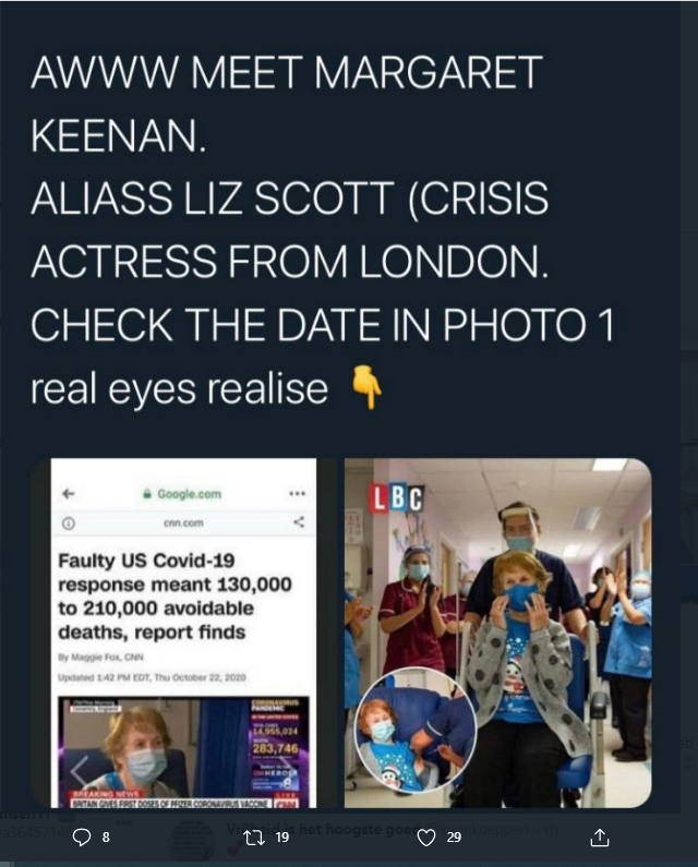 ChrisTCJansen's tweet photo. De eerste vrouw in de UK die gevaccineerd is en 90 jaarzou zijn volgens de berichten.... is niet Margeret Keenan maar actrice Liz Scott. 1 grote poppenkast! #vaccination #Fakecination #WEWORDENGENAAID https://t.co/H7xzb1WDIt
