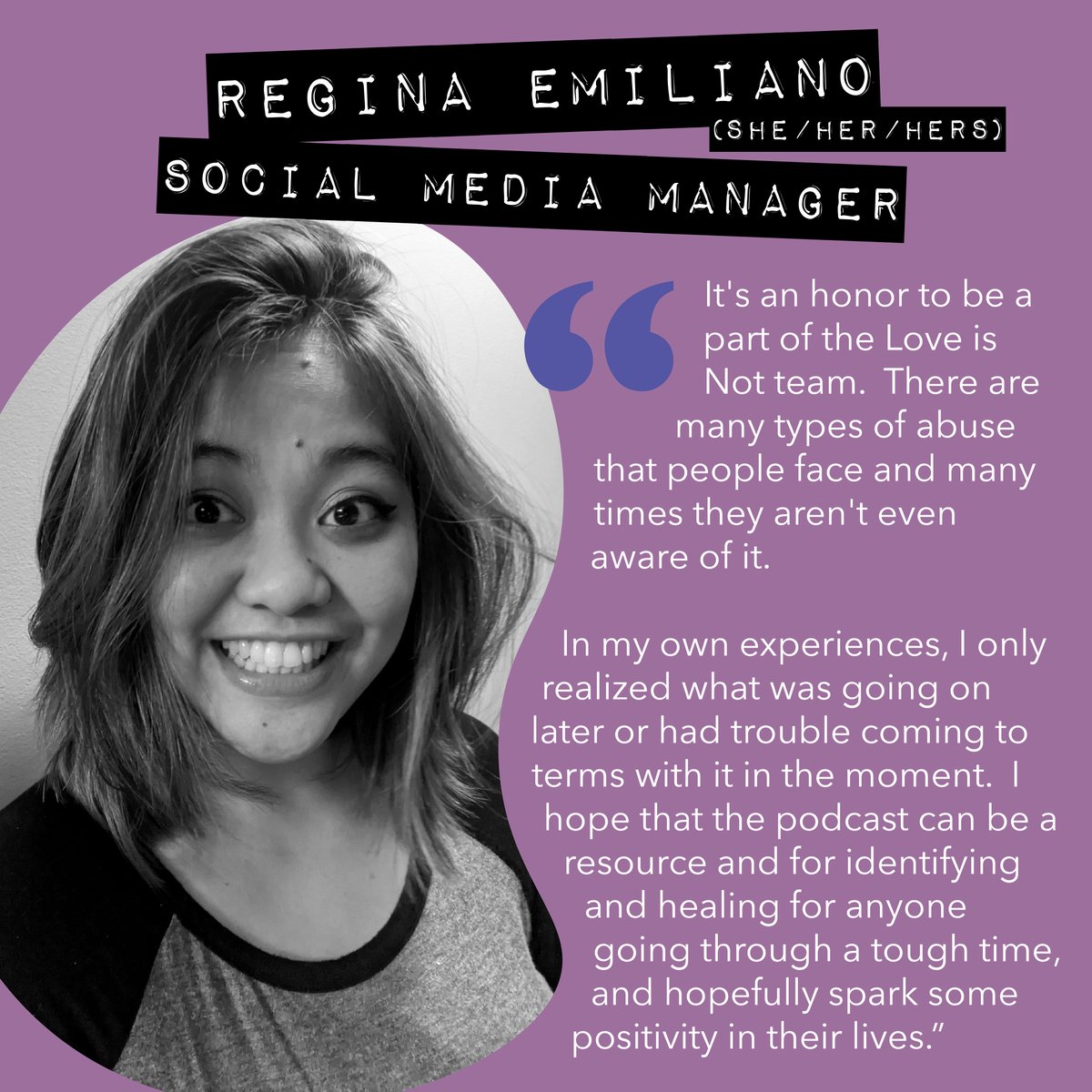 LoveIsNotPOD's tweet photo. Meet Regina, our newest social media manager. Welcome to the team 💜

#LIN #LoveIsNot #meettheteam https://t.co/TYxIOn6ZTQ