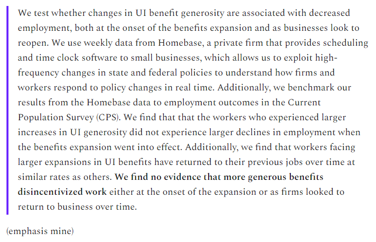 6/OK so let's look at some evidence.Here's a paper by Altonji et al., finding no effect of Pandemic UI on employment. https://tobin.yale.edu/sites/default/files/files/C-19%20Articles/CARES-UI_identification_vF(1).pdf