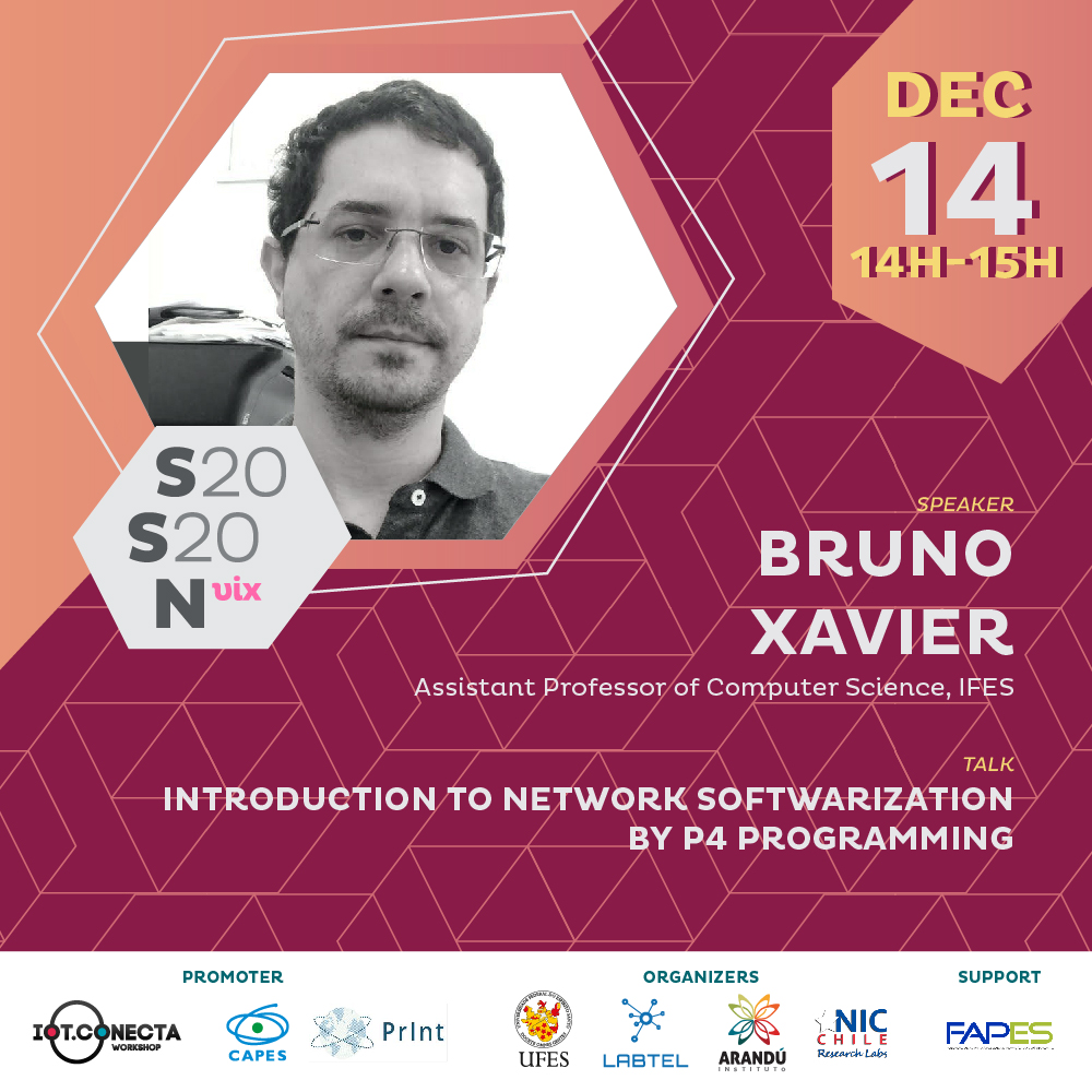 SchoolSysNet's tweet photo. Bruno Xavier, professor at @ifesoficial , presents the tutorial “Introduction to Network Softwarization by P4 Programming”.
#SSN2020 on December 14 and 15 (online).
Registrations: https://t.co/02E3eyOy8q
#systems #networks #iot #iotconecta @LabtelUfes @niclabscl @ufesoficial https://t.co/aTVX9fmAwr