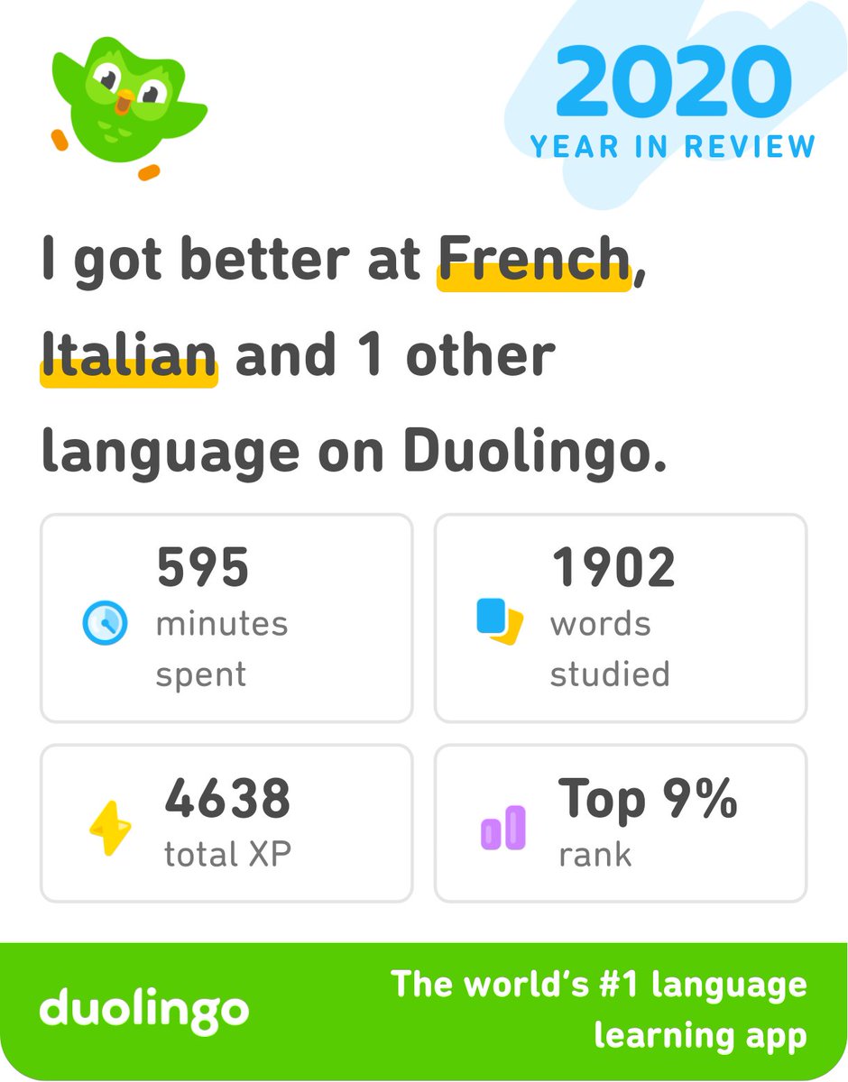 Jarbaskey_Kelly's tweet photo. And 1620 Day Streak!
I made the most of 2020 by learning French on Duolingo. Check out my progress! #Duolingo365 https://t.co/F9XldQ3OHN https://t.co/B4iRRFF7Lp