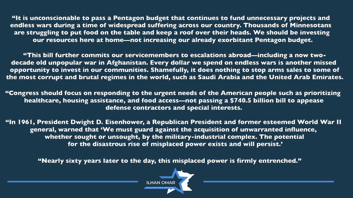 Ilhan's tweet image. If Congress can afford to spend $740.5 billion on a Pentagon Authorization bill, we can afford stimulus checks for the American people.
 
Congress should focus on responding to the urgent needs of the American people—not passing a bill to appease defense contractors.