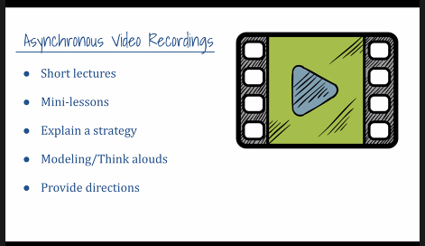 As a content instructor - what do we do live vs recording? Guiding thought - if it's interactive and we want the routine/experience then do this synchronously. Things we would say the same class to class...then record it. Leverage the way kids learn from video IRL  #VSTE20