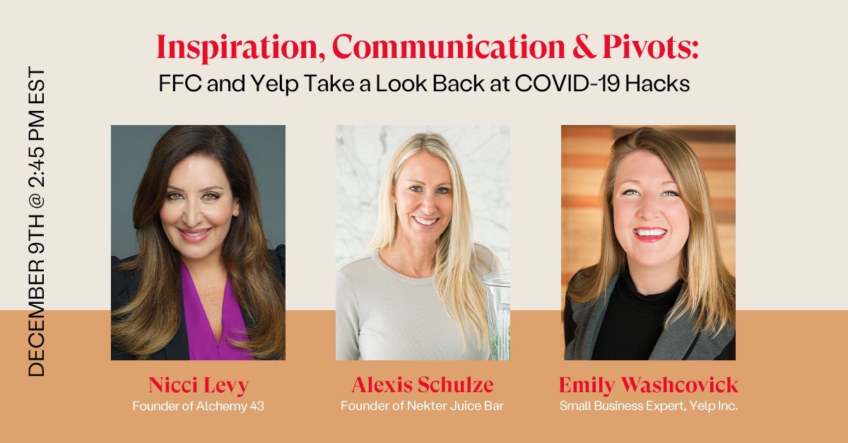 Register tomorrows webinar featuring FFC members Nicci Levy of <a href="/alchemy_43/">Alchemy 43</a>, &amp; Alexis Schulze of <a href="/NekterJuiceBar/">Nekter Juice Bar</a>, and <a href="/Yelp/">Yelp</a> ‘s Emily Washcovick, to hear tips &amp; tricks for communicating with your customers during COVID-19, inspirational pivots, &amp; more! bit.ly/2J5n54L
