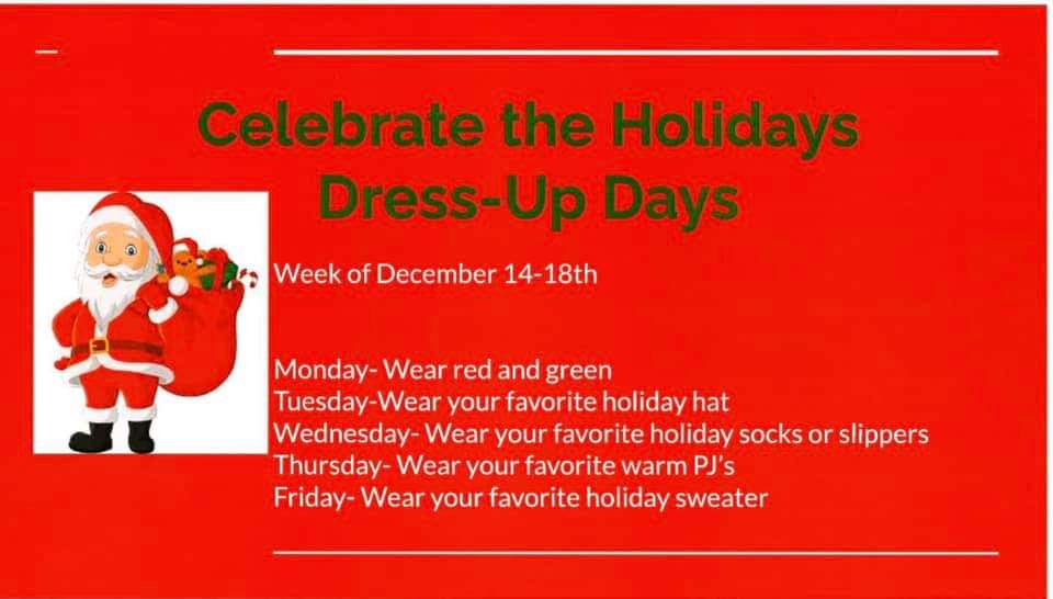 MrsLHelfrich's tweet photo. Sweetser Elementary Dress Up Days for December 15-18 https://t.co/OgQqtdch29