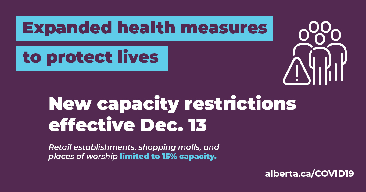 Effective Dec. 13, in-person attendance at places of worship will be limited to 15% capacity.We strongly encourage faith leaders to have online and drive-in services, where possible.Retail services also reduced to 15% capacity, including retail stores, grocery stores, & malls