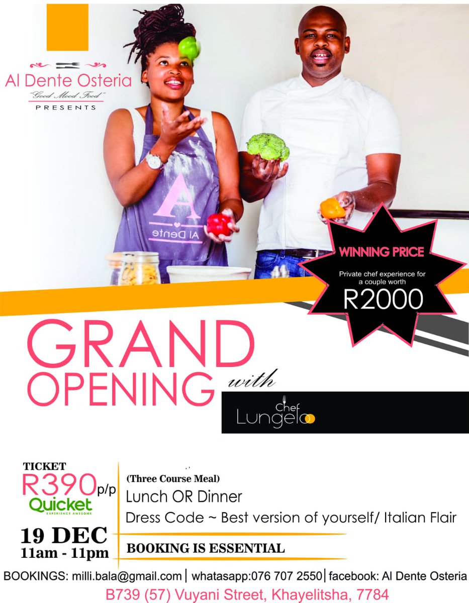 Join Chef Lungelo and myself as we delightfully prepare and serve you a 3 course meal of either lunch or dinner. Get your tickets via Quicket.
