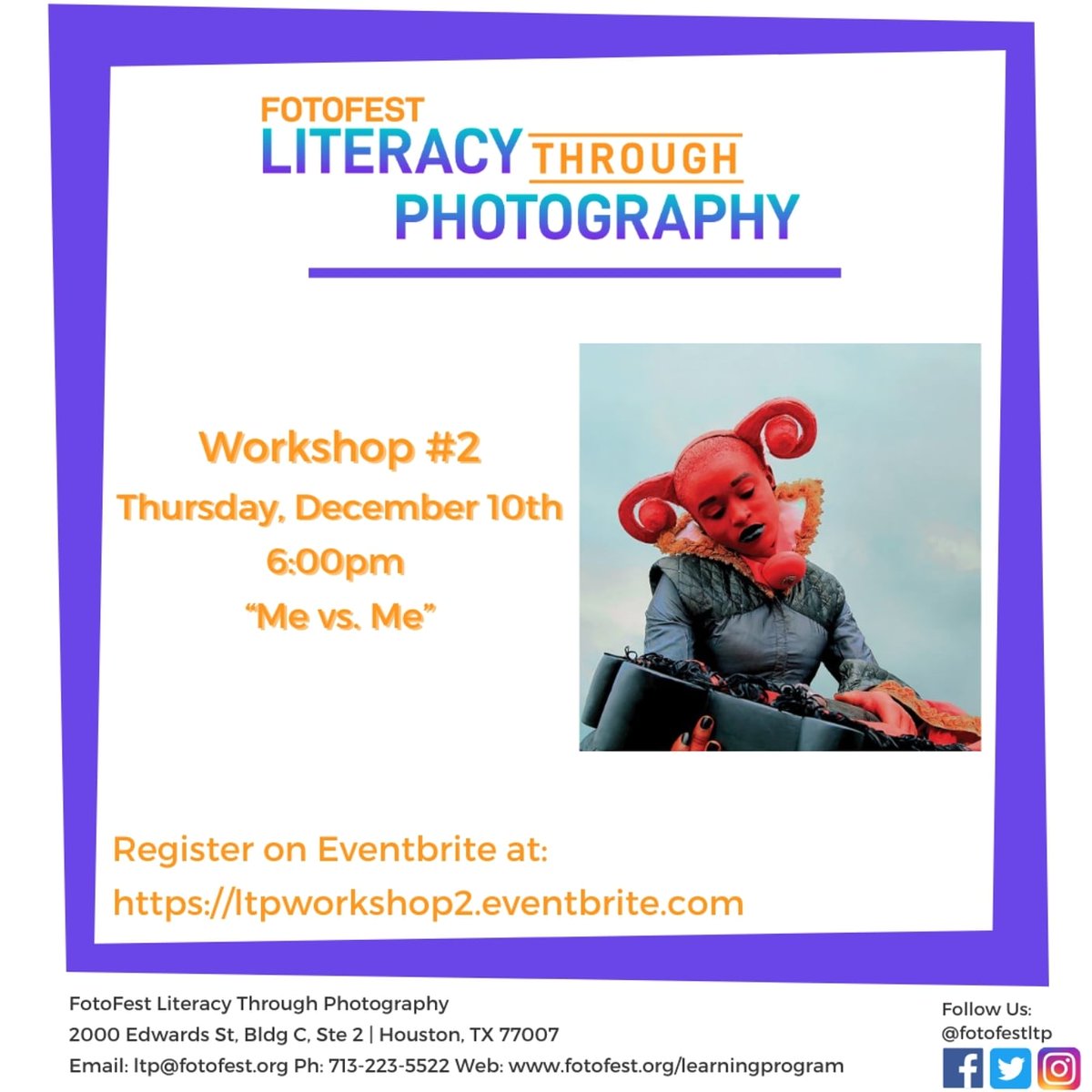 FotoFestLTP's tweet photo. Check out our next Virtual Workshop with one of our very own Teaching Artists!
The lesson Me vs. Me was written as a learning companion to the FotoFest Biennial 2020 African Cosmologies - Photography,  Time and the Other 
https://t.co/k6bRjW8nEg https://t.co/h9eUnyUZ3C