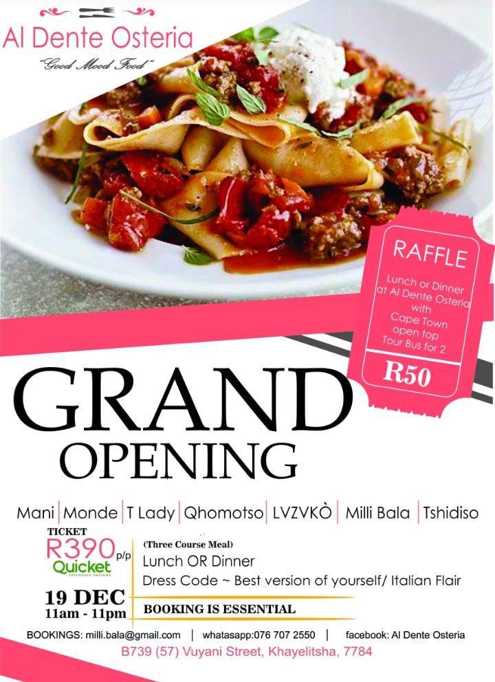 Dec 19th is the Grand Opening to my restaurant!! Whoop whoop! Get your tickets via Quicket.