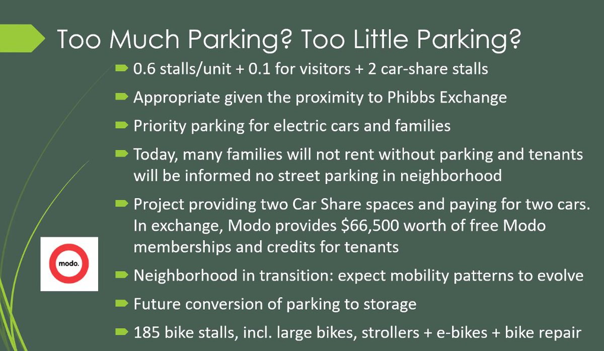 Both a parking minimum and maximum are proposed. Given that the building is rental and adjacent Phibbs Exchange, the parking ratio is low. Bike parking will include charging for ebikes and space for larger bikes (cargo) and strollers.