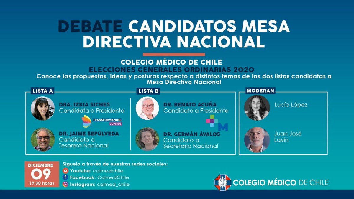 RenatoAcunaL's tweet photo. Acompáñanos mañana a las 19:30 hrs en el #DebateColmed, donde junto al Dr. Germán Ávalos expondremos nuestras ideas para mejorar el Colegio Médico.
Sigue la transmisión en YouTube, Facebook e Instagram por las cuentas oficiales del Colmed. https://t.co/OilEj5S9p8