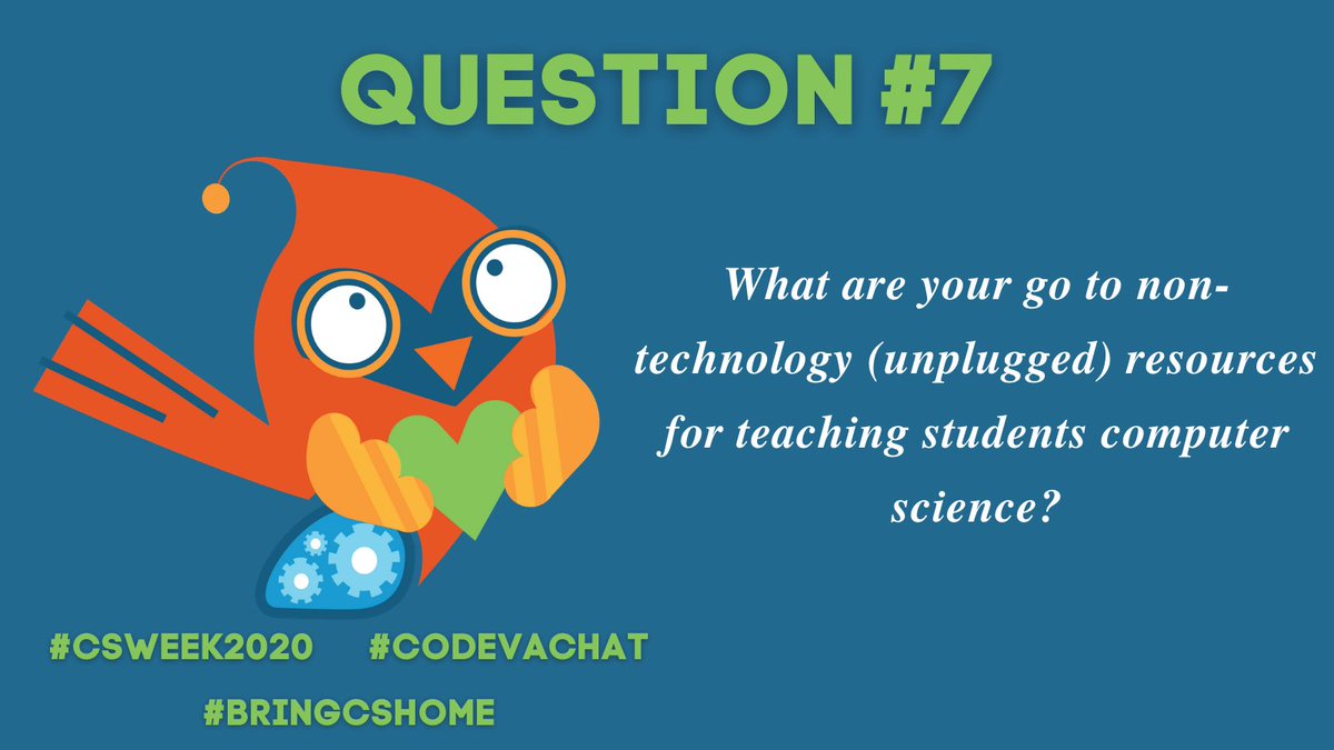 codeVirginia's tweet photo. Q7 What are your go to non-technology (unplugged) resources for teaching students computer science?
#codevachat #csweek2020 #bringCShome https://t.co/9UMVScTMAO