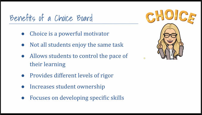 Challenge 3 - students disengaged. Consider choices to students. Choice board with "stretch" color coded choices that are built with activities to practice skills/content. 2nd station can be from the choice board over the course of a week/unit/  #VSTE20
