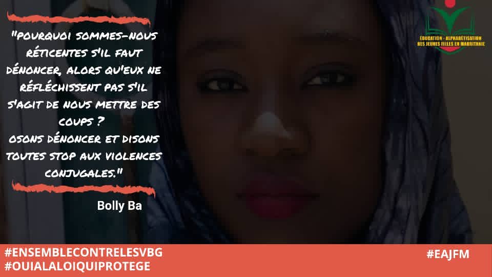 “Pourquoi sommes-nous réticentes s'il faut les dénoncer, alors qu'eux ne réfléchissent pas s'il s'agit de nous mettre des coups? Osons dénoncer et disons toutes stop Aux violences conjugales “
Message de bolly Ba