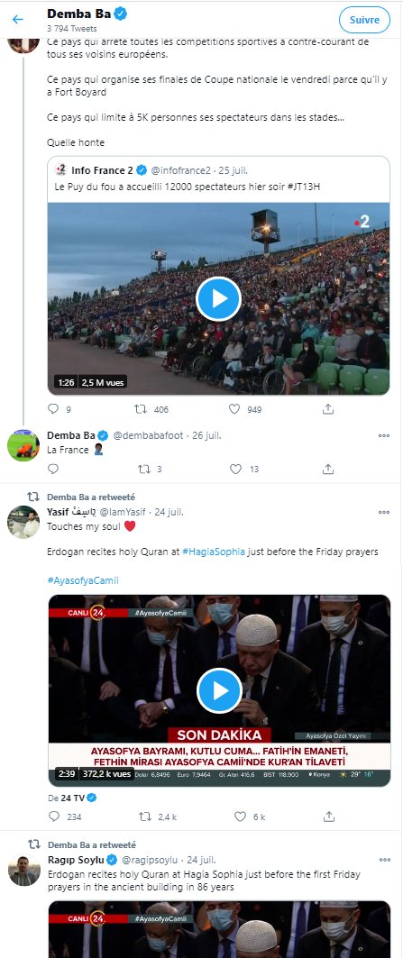 Ba use de son audience sport pour exciter la haine avec ses tweets inexacts largement relayés, clivant sur la religion, la couleur de peau, en s'attaquant à la France pour la réouverture du Puy du Fou juste après avoir applaudi le retour de la prière à Ste Sophie, complotistes...