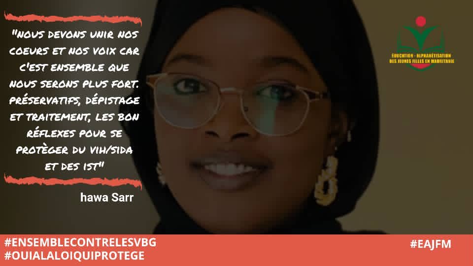“Nous devons unir nos cœurs et nos voix car c’est ensemble que nous seront plus fort .
Préservatif,dépistage,et traitement,les bons réflexes pour se protéger du VIH /SIDA et des IST “
Message de Hawa Sarr