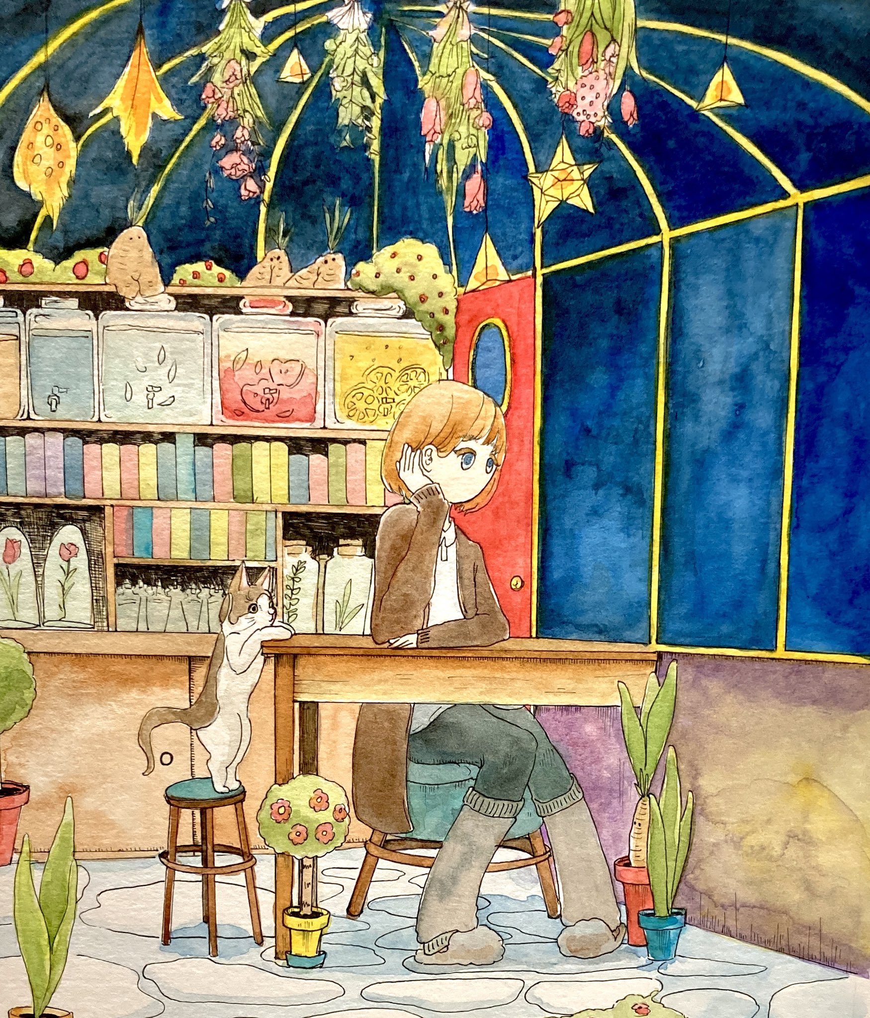 モサモサさんさん 星が綺麗な季節になりましたね 温かい部屋で天体観測出来たら 冬はずっとそうしていたいです イラスト Illustration 温室 猫 ねこのいる生活 水彩画 ホルベイン透明水彩 Drowning ほんわか T Co Bnkclbxisj Twitter