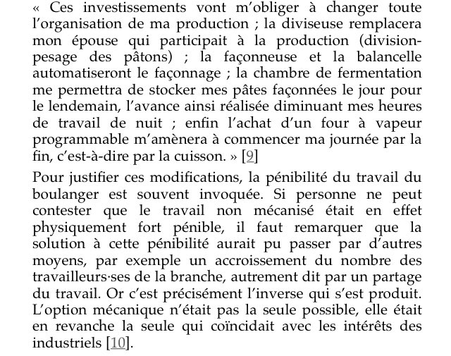 Les boulangeries font l’objet d’un démarchage intensif de la part de firmes qui vendent des machines et des produits (acide ascorbique, Supernerfarine, qui donne « du nerf » à la farine...)Le boulanger Guy Boulet explique ce processus :