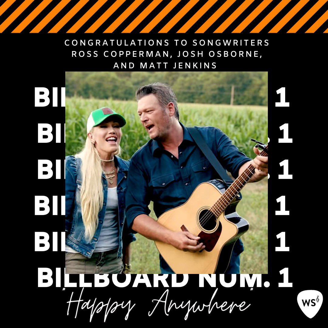 WSWriteSometime's tweet photo. Congratulations to @blakeshelton @gwenstefani and songwriters #rosscopperman #joshosborne #mattjenkins on their #billboard Number 1 for “Happy Anywhere” 🙌🏻🔥

#country #songwriter #cowrite #swipewrite https://t.co/SK4gRZLTec