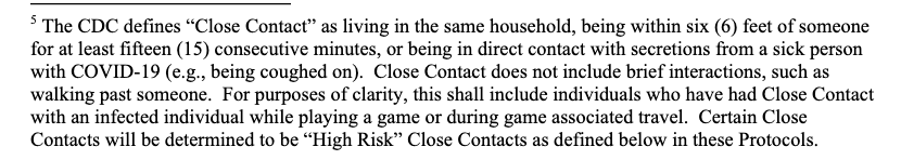 Seeing a lot of questions about close contacts, especially given photos of Dez Bryant hugging and interacting with Cowboys people before the game. Here's how "close contact" is defined in the NFL/NFLPA policy. Note that it does not include "brief interactions."
