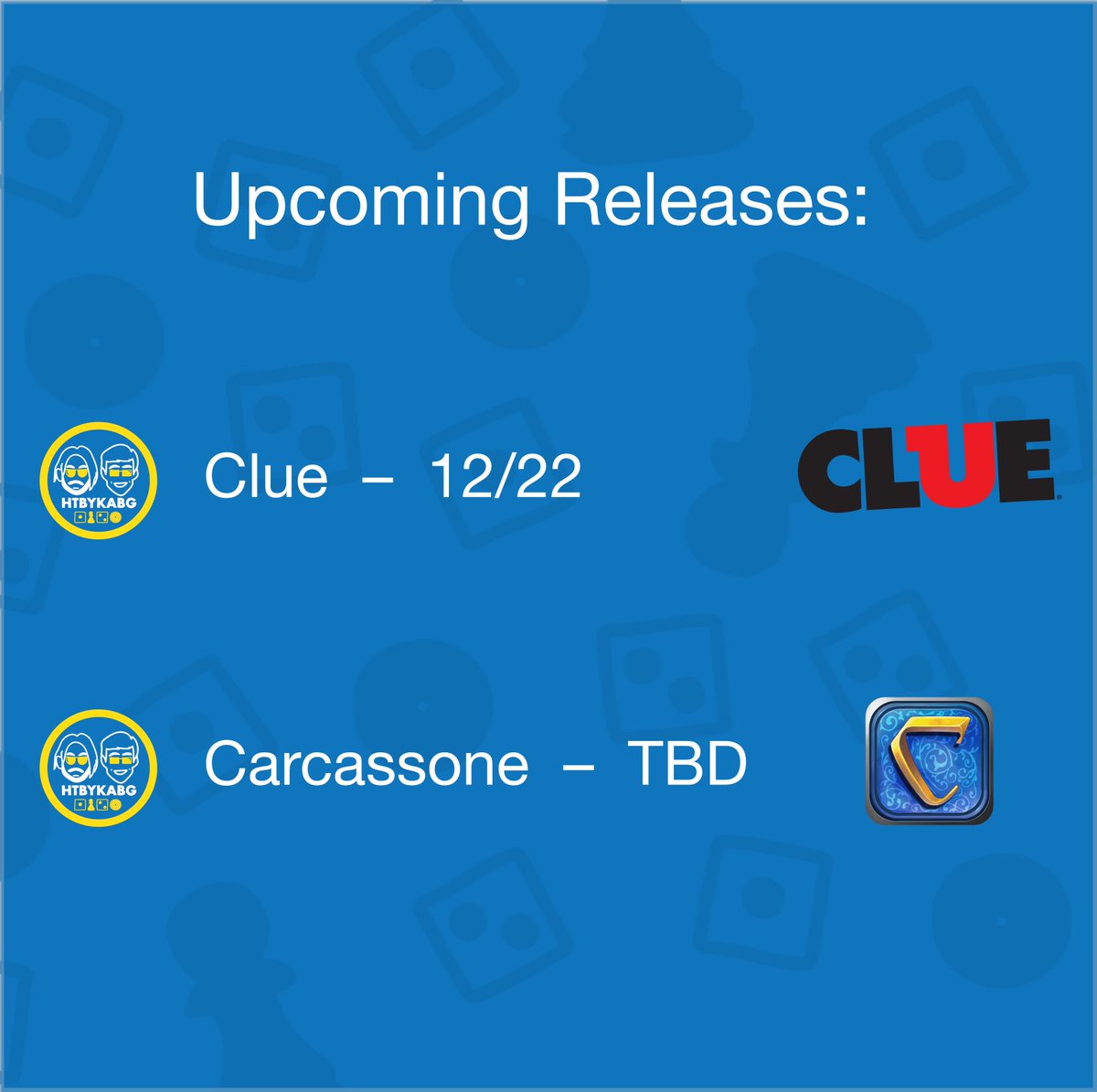 how_board's tweet photo. HTBYKABG is back with two new episodes premiering during winter break! The games of choice are the ever-popular Clue, and the German-Style Carcasonne (Meeple of the world, unite!). Stay tuned for more updates.

#BoardGame #Podcast #Clue #Carcassone #ColMustard #Meeple https://t.co/PklqUetWCy
