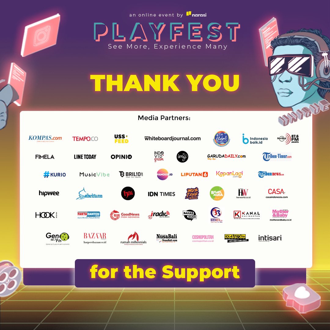 narasitv's tweet image. Thank you, our media partners, for supporting @playfestnarasi !

#Playfest2020 #MoreVirtualExperience