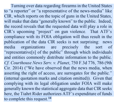 The Court said of course releasing records to journalists like  @reveal is "publication." (This changes 12 years of precedent where ATF was not allowed to release data previously after a 2008 case that went up to the Supreme Court!)