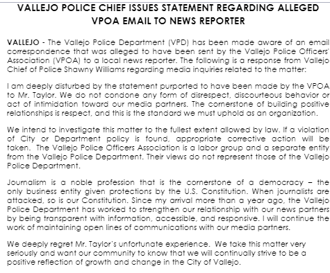 glid24's tweet photo. BREAKING: @VallejoPd Chief Shawny Williams says he is "deeply disturbed" by email @VallejoPOA sent to SF Chronicle columnist @otisrtaylorjr. Williams says incident will be investigated. https://t.co/f4YAAn31kS