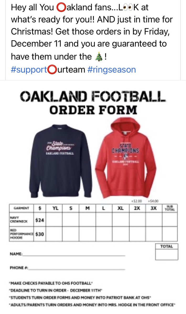 OaklandRCS's tweet photo. Need gift ideas? Santa is ready to fill your stockings with Patriot State Champ gear! Show your pride all over town with these Championship @OHSPatsFootball sweatshirts and hoodies! Contact @OaklandRCS office for ordering info! Biggest decision...red or blue...or both! https://t.co/4ShsV7UVli
