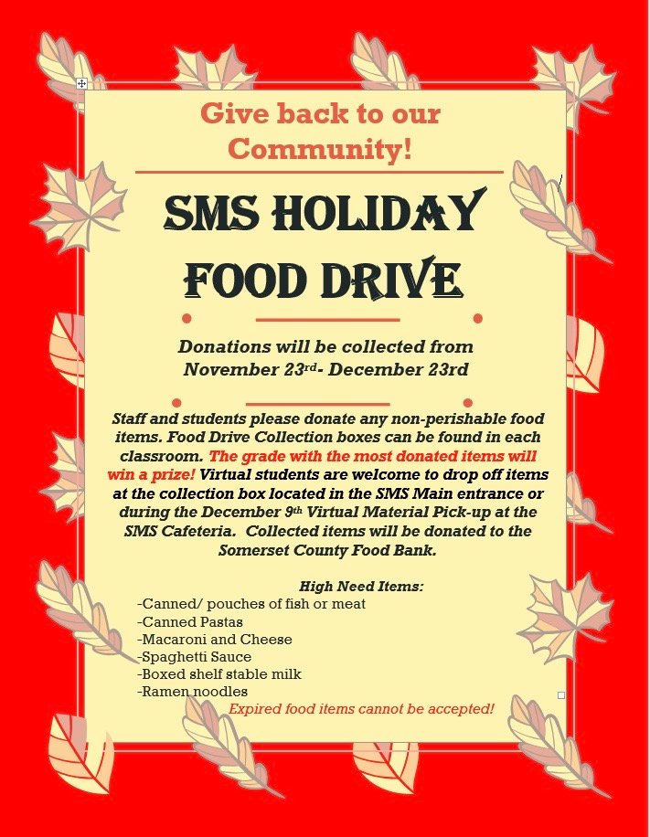 SMS Holiday Food Drive. Please support our town and county residents in need! #allin4theville