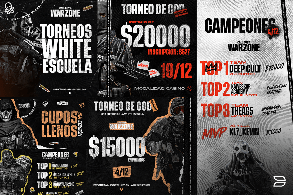 Datallyy's tweet photo. Se que estoy bastante desaparecido, me cuesta mucho mantener una constancia. Les dejo los últimos posts que hice para los torneos de WhiteEscuela. Pueden visitar su instagram y anotarse en alguno si les gusta el COD 😃#buscodiseñador #buscogfx #gfx https://t.co/Tc1auAfHrq