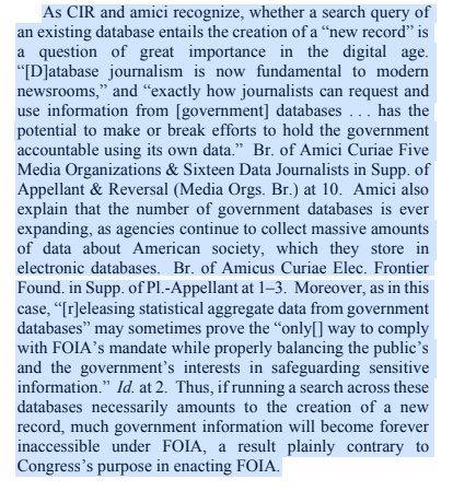 We also had a wonderful amicus brief from  @BKCHarvard written by  @KendraSerra  @NCPtarmigan that got a great quote in the case highlighting the importance of "data journalism."This helps reporters at places like  @reveal  @themarkup  @propublica that use FOIA for data journalism.