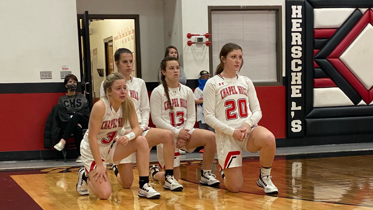 coachmgarrett's tweet photo. We played a basketball team tonight who lost a player to an accident this year. Our team decided to honor the young lady by surrendering the opening tip and points while kneeling in respect as they scored. I am so proud of our girls! https://t.co/lm3n0ccvRl