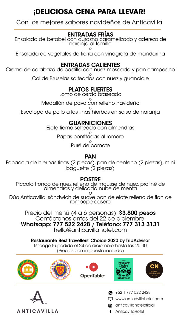 ¡DELICIOSA CENA PARA LLEVAR!
Con los mejores sabores navideños de #Anticavilla
Precio del menú (4 a 6 personas): $3,800 pesos
Contáctanos antes del 22 de #diciembre: 
Whatsapp: 777 522 2428 / Teléfono: 777 313 3131
(Precios con impuesto incluido) #Navidad #Cena