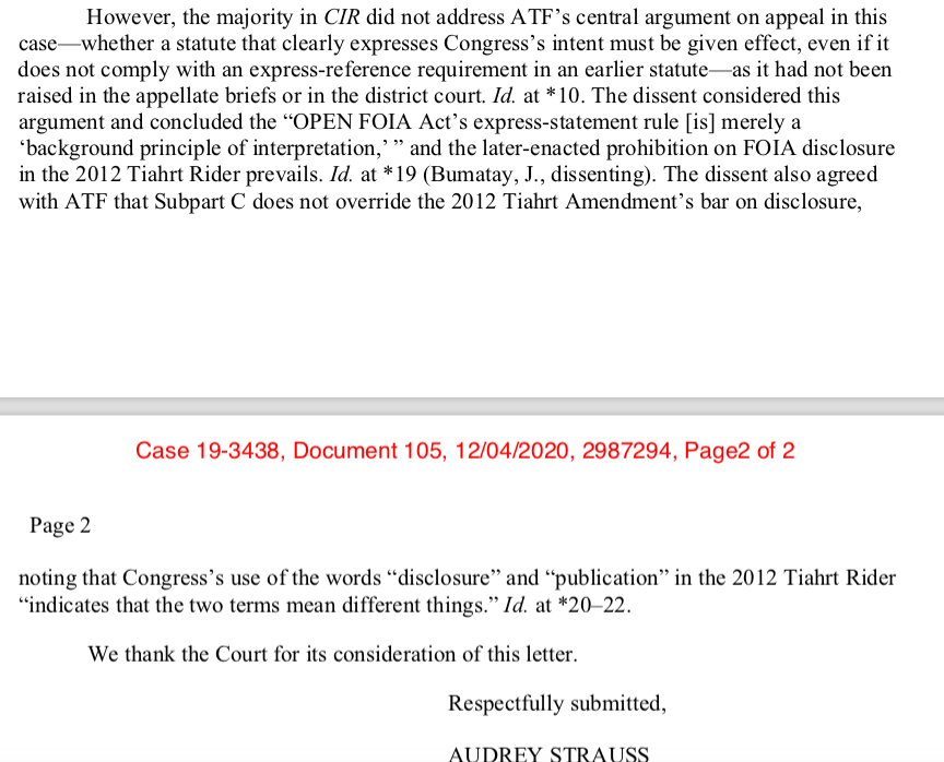 Finally, fourth, while the 9th Circuit decided this case - a similar case brought by  @Everytown is pending in the Second Circuit Court of Appeals. A letter was filed by DOJ in that case discussing the the 9th Cir. dissent (written by J. Bumatay), that would negatively impact FOIA