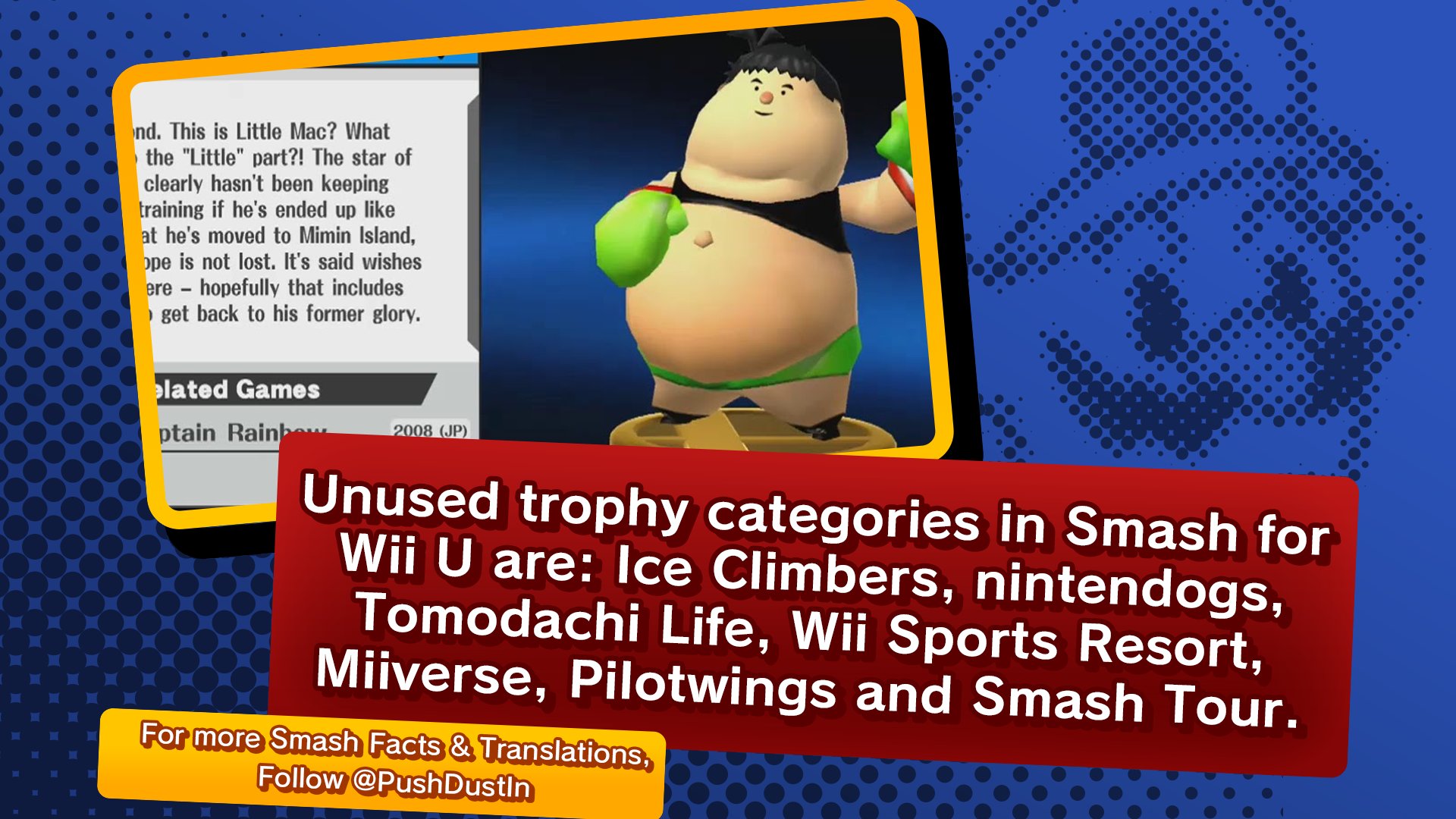 Pushdustin Unused Trophy Categories In Smash For Wii U Are Ice Climbers Nintendogs Tomodachi Life Wii Sports Resort Miiverse Pilotwings And Smash Tour Smashbros Nintendo Pushfacts T Co Rh9drhxvnx