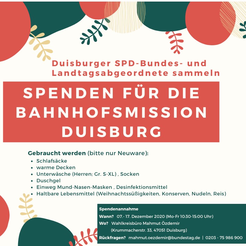 Spendensammelaktion für die Bahnhofsmission

ie Duisburger SPD-Abgeordneten aus Bund und Land rufen zu einer stadtweiten Spendensammelaktion für die Bahnhofsmission Duisburg auf. Neben eigenen Spenden der Abgeordneten, sind auch die spd-duisburg.de/spendensammela…