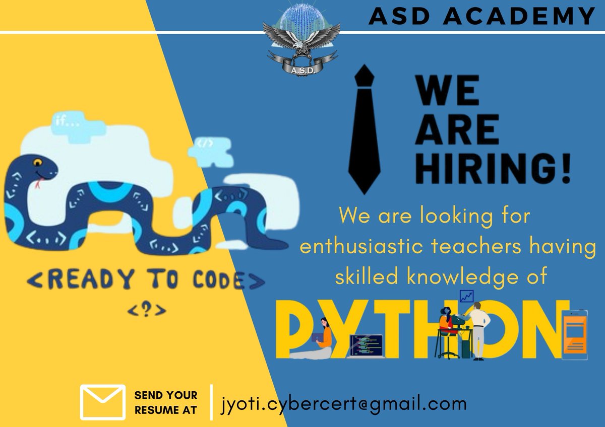 asd_academy's tweet photo. URGENT HIRING! PYTHON TRAINER.
If interested, send your resume at jyoti.cybercert@gmail.com
.
.
.
#python
#pythonprogrammers #pythonprogramming #pythonjobs #pythontrainer #pythonlearning #recruiter #recruitment #training #trainer #computertrainer #coder #coding #coderlife https://t.co/CJhcKPWjDe