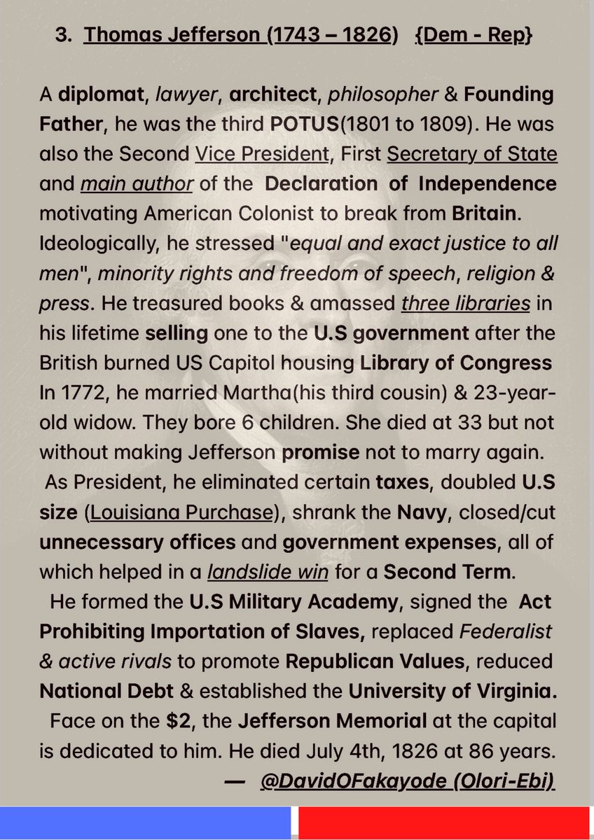 The First President without a First Lady. His daughters deputized in the role briefly before the wife of his friend & Successor, Mrs Madison was summoned. She served 16 yrs in total in that capacity.  #POTUS3  #ThomasJefferson  #Jefferson  #POTUS  #FoundingFather  #Founders  #July4th